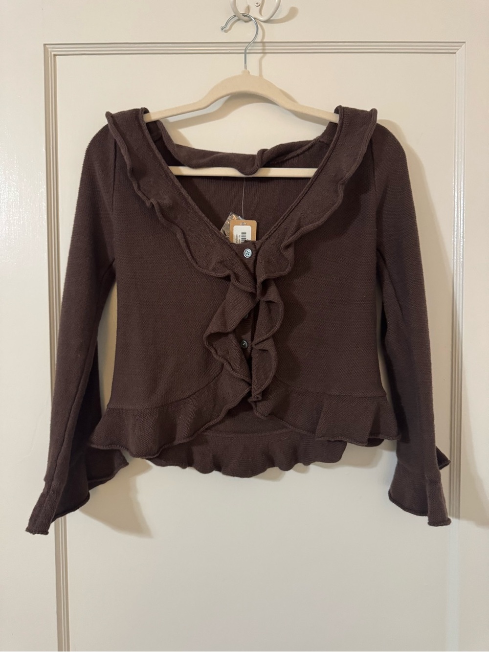 vestique Brown Ruffle Knit Cardigan Sweater